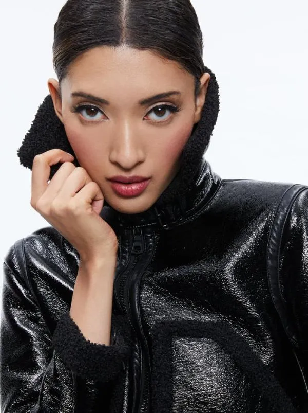 Jackets Coats Women Alice Olivia ISAIAH VEGAN LEATHER FAUX SHEARLING CROPPED JACKET Black