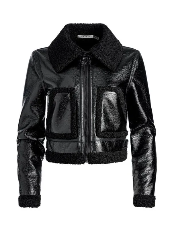 Jackets Coats Women Alice Olivia ISAIAH VEGAN LEATHER FAUX SHEARLING CROPPED JACKET Black