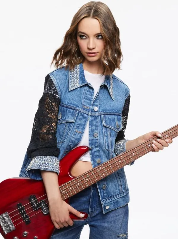 Jackets Coats Women Alice Olivia JEFF EMBELLISHED LACE SLEEVE DENIM JACKET Indigo Nights