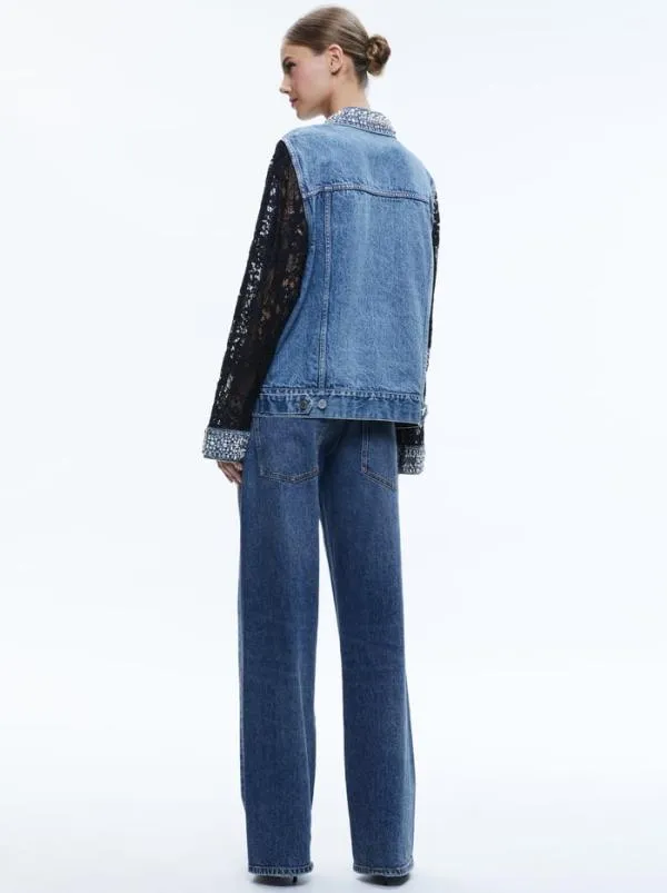 Jackets Coats Women Alice Olivia JEFF EMBELLISHED LACE SLEEVE DENIM JACKET Indigo Nights