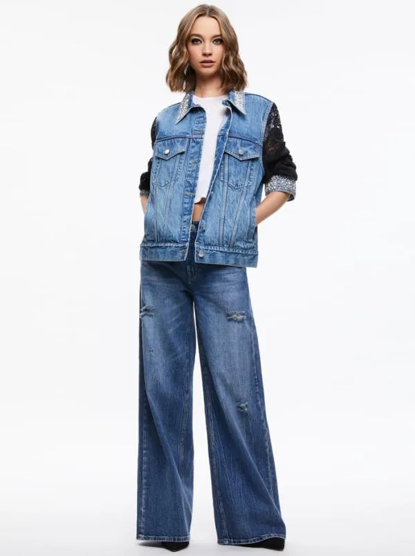 Jackets Coats Women Alice Olivia JEFF EMBELLISHED LACE SLEEVE DENIM JACKET Indigo Nights