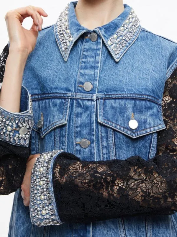 Jackets Coats Women Alice Olivia JEFF EMBELLISHED LACE SLEEVE DENIM JACKET Indigo Nights