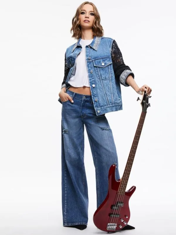Jackets Coats Women Alice Olivia JEFF EMBELLISHED LACE SLEEVE DENIM JACKET Indigo Nights