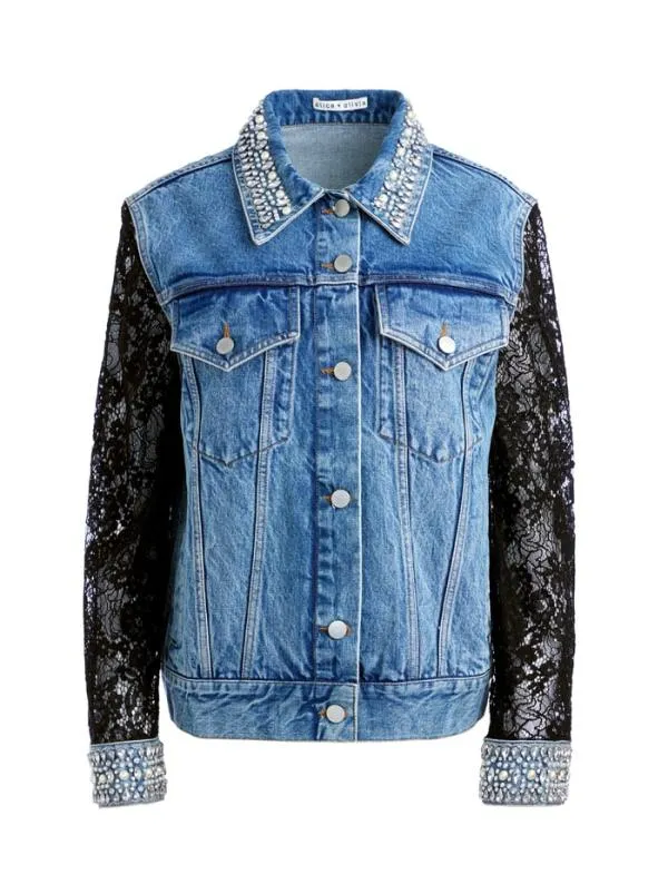 Jackets Coats Women Alice Olivia JEFF EMBELLISHED LACE SLEEVE DENIM JACKET Indigo Nights