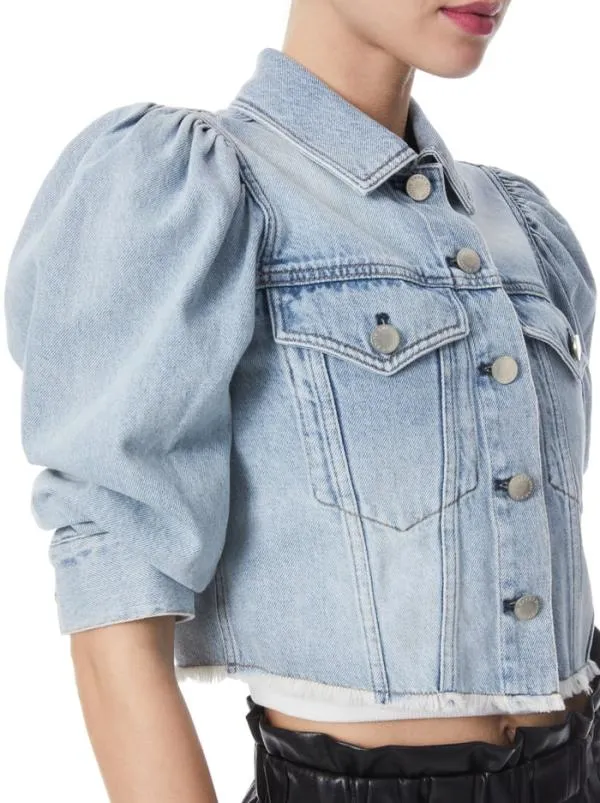 Jackets Coats Women Alice Olivia LANA PUFF SLEEVE DENIM JACKET WITH RAW HEM Rockstar Blue