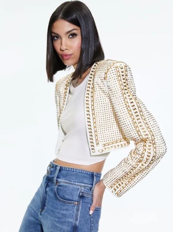 Jackets Coats Women Alice Olivia MAIRA CROPPED JACKET WITH CHAIN TRIM Soft Whitepale Gold Jackets Coats Women Alice Olivia MAIRA CROPPED JACKET WITH CHAIN TRIM Soft Whitepale Gold