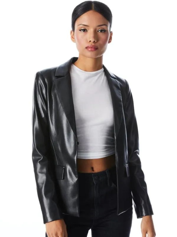 Jackets Coats Women Alice Olivia MYA VEGAN LEATHER NOTCH COLLAR BLAZER Black