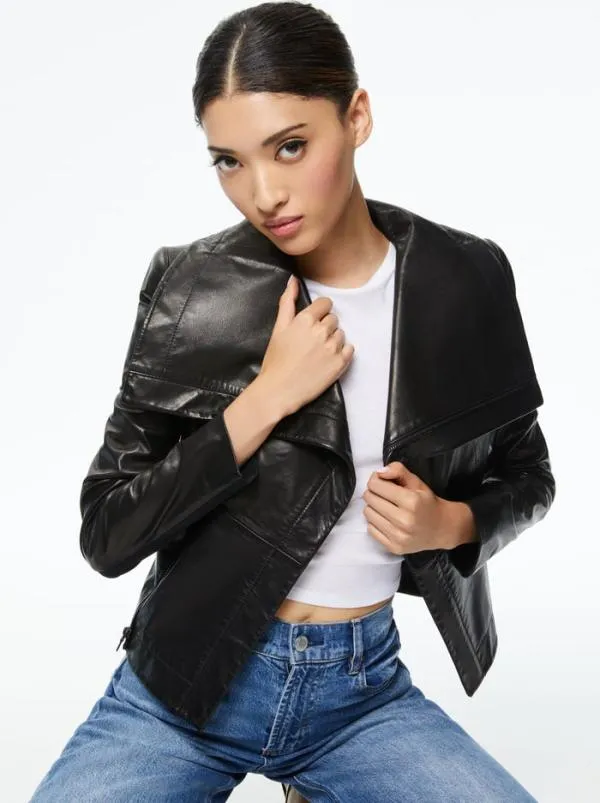 Jackets Coats Women Alice Olivia NITA LEATHER DRAPE FRONT JACKET Black
