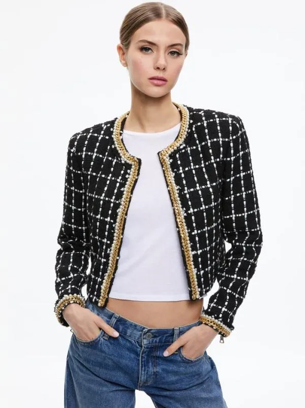 Jackets Coats Women Alice Olivia SABINA CHAIN TRIM TWEED JACKET Blackecru
