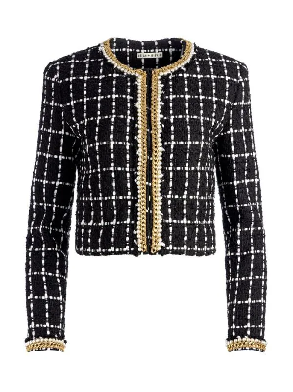 Jackets Coats Women Alice Olivia SABINA CHAIN TRIM TWEED JACKET Blackecru
