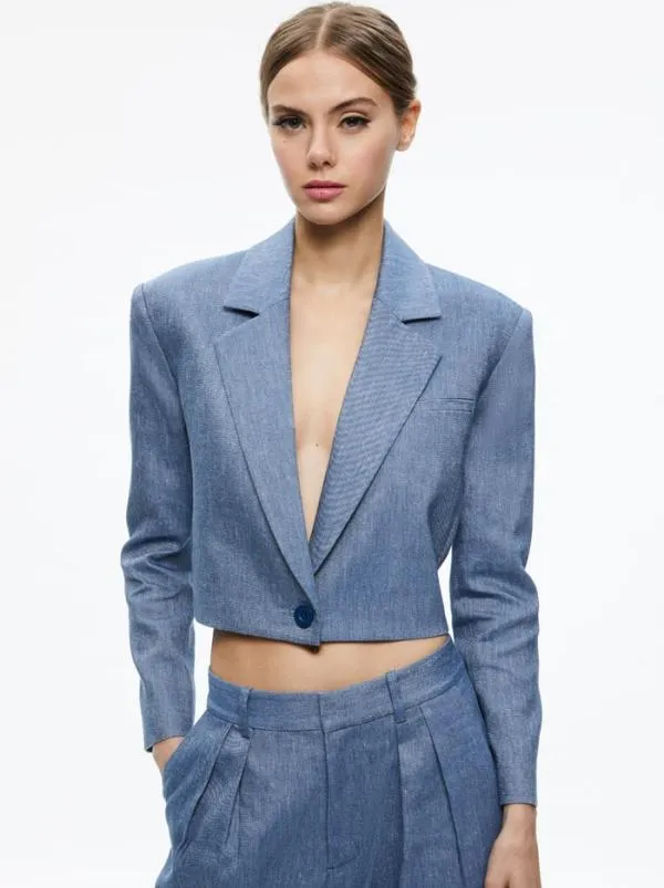 Jackets Coats Women Alice Olivia SHAN CROPPED CHAMBRAY BLAZER Dark Chambray