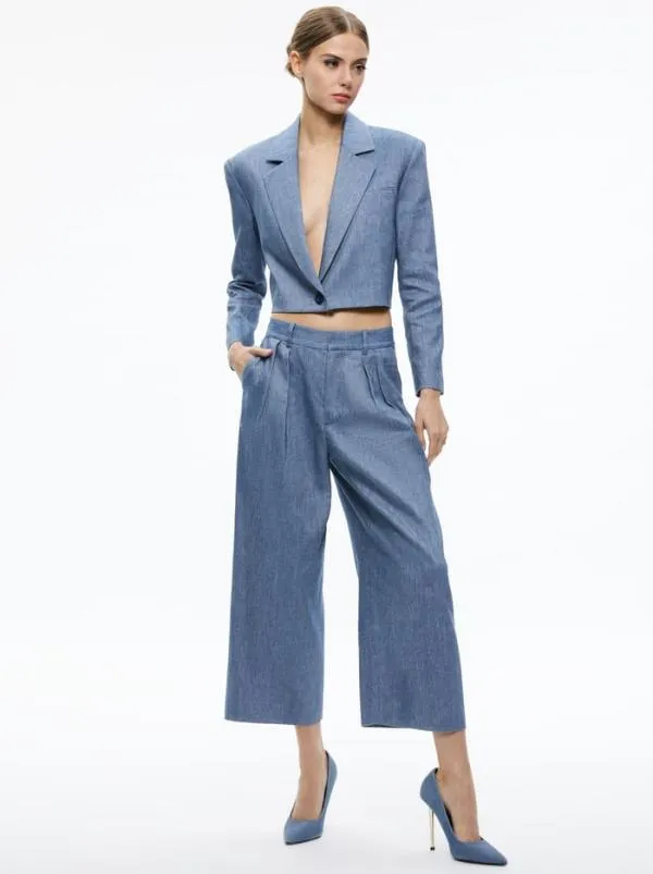 Jackets Coats Women Alice Olivia SHAN CROPPED CHAMBRAY BLAZER Dark Chambray