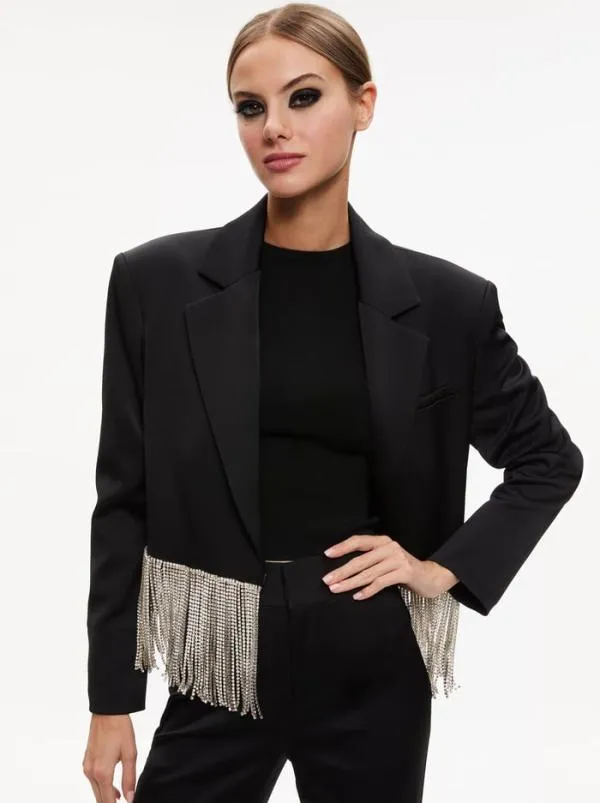 Jackets Coats Women Alice Olivia SHAN CRYSTAL FRINGE BLAZER Black