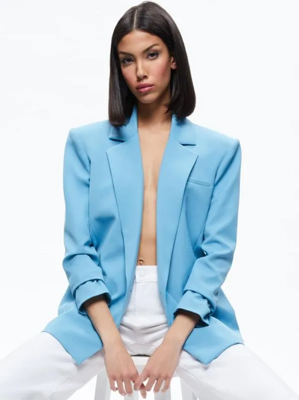 Jackets Coats Women Alice Olivia SHAN STRONG SHOULDER RUCHED SLEEVE BLAZER Oxford Blue Jackets Coats Women Alice Olivia SHAN STRONG SHOULDER RUCHED SLEEVE BLAZER Oxford Blue