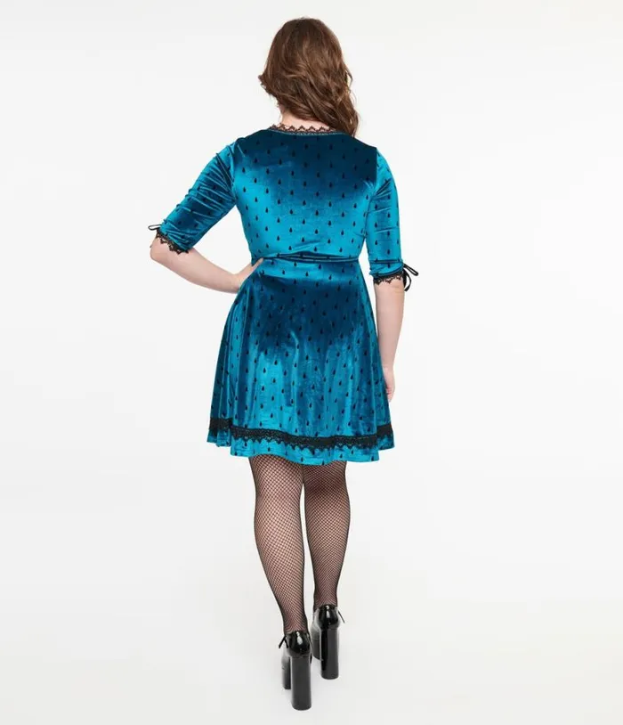 Jawbreaker Teal and Black Teardrop Velvet Mini Dress Dresses Unique Vintage Fit and Flare