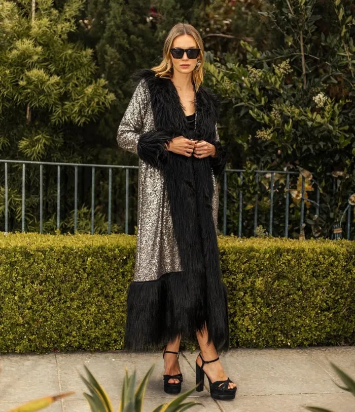Jennafer Grace Penny Deluxe Gunmetal Sequin Faux Fur Coat Clothing Unique Vintage Coats and Jackets