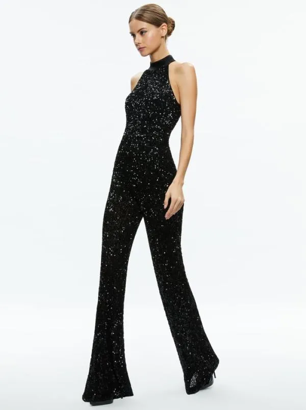 Jumpsuits Women Alice Olivia CATALINE SEQUIN HIGH NECK WIDE LEG JUMPSUIT Black Jumpsuits Women Alice Olivia CATALINE SEQUIN HIGH NECK WIDE LEG JUMPSUIT Black