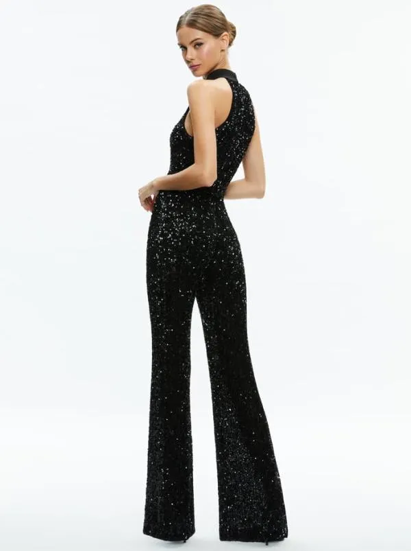 Jumpsuits Women Alice Olivia CATALINE SEQUIN HIGH NECK WIDE LEG JUMPSUIT Black