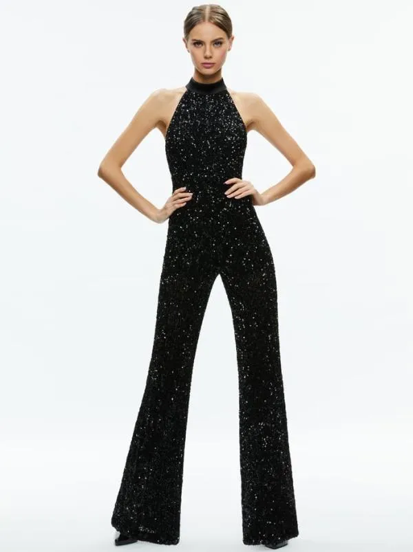 Jumpsuits Women Alice Olivia CATALINE SEQUIN HIGH NECK WIDE LEG JUMPSUIT Black