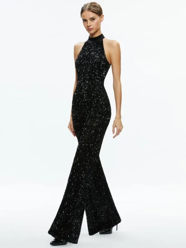 Jumpsuits Women Alice Olivia CATALINE SEQUIN HIGH NECK WIDE LEG JUMPSUIT Black