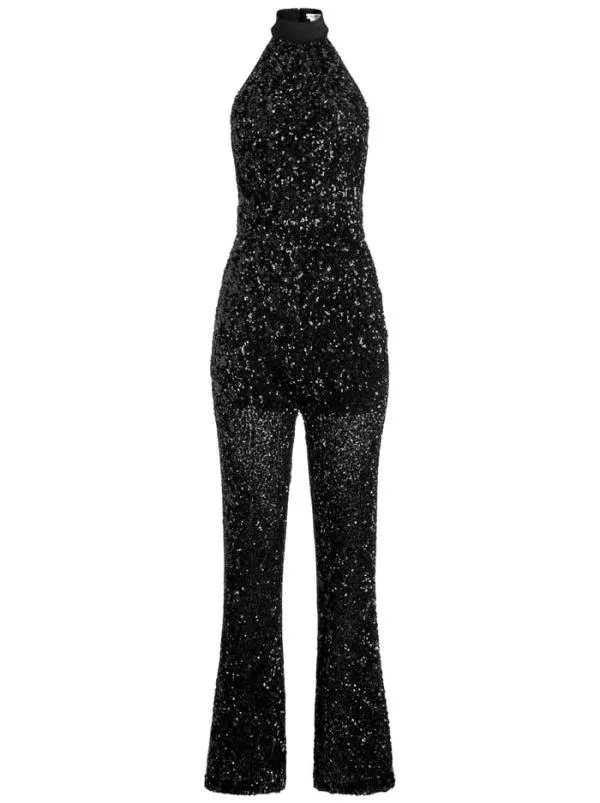 Jumpsuits Women Alice Olivia CATALINE SEQUIN HIGH NECK WIDE LEG JUMPSUIT Black