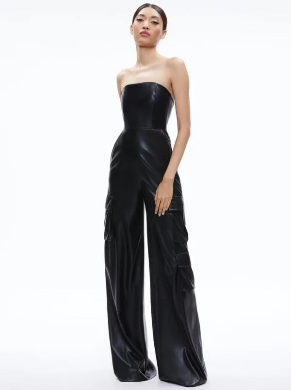 Jumpsuits Women Alice Olivia EMELDA CARGO VEGAN LEATHER JUMPSUIT Black