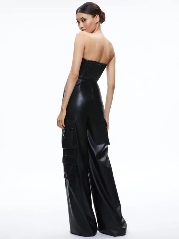 Jumpsuits Women Alice Olivia EMELDA CARGO VEGAN LEATHER JUMPSUIT Black