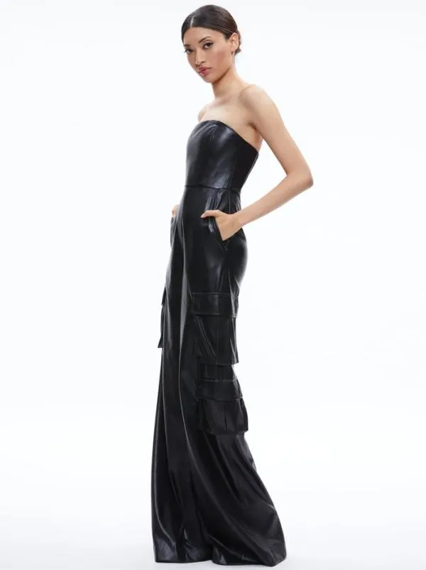 Jumpsuits Women Alice Olivia EMELDA CARGO VEGAN LEATHER JUMPSUIT Black