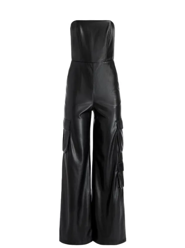Jumpsuits Women Alice Olivia EMELDA CARGO VEGAN LEATHER JUMPSUIT Black