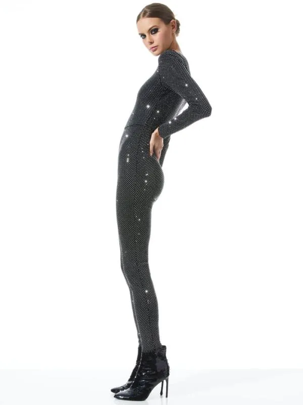 Jumpsuits Women Alice Olivia FREDDIE CREWNECK EMBELLISHED CATSUIT Blacksilver
