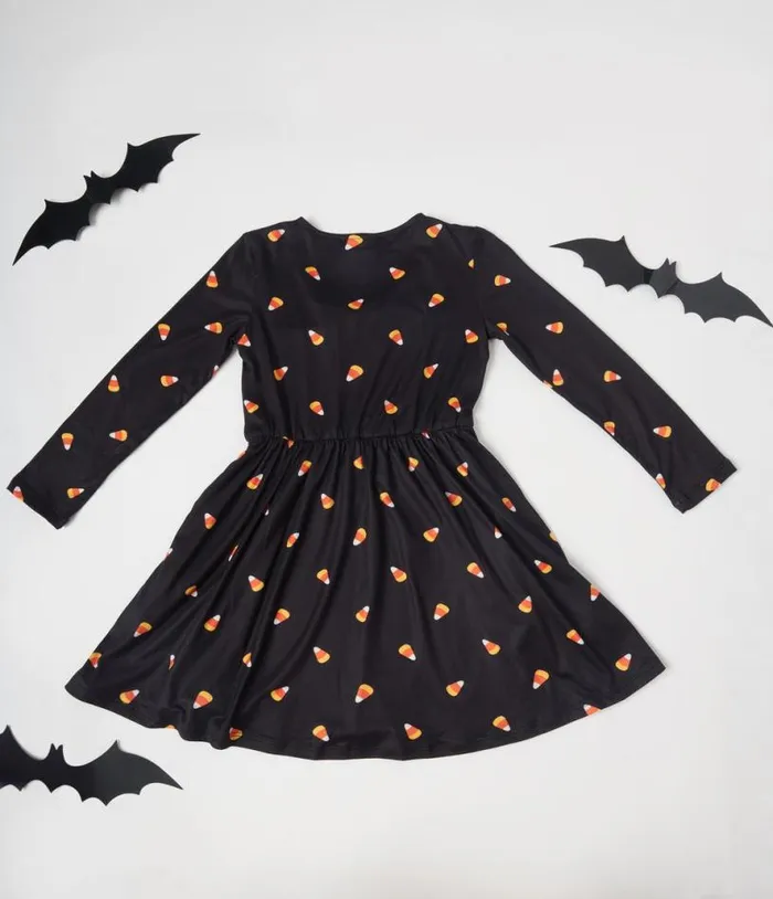 Kids Black Candy Corn Hello Gorgeous Flare Dress DressesHalloween Unique Vintage Dresses