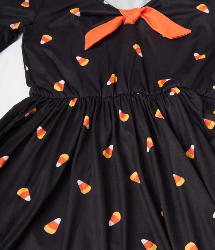 Kids Black Candy Corn Hello Gorgeous Flare Dress DressesHalloween Unique Vintage Dresses