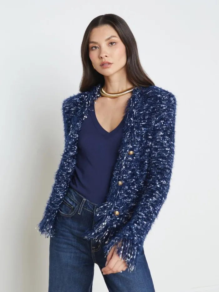 L039Agence Blazers and Jackets Women Azure Fringe Cardigan Blazer Midnight Multi L039Agence Blazers and Jackets Women Azure Fringe Cardigan Blazer Midnight Multi