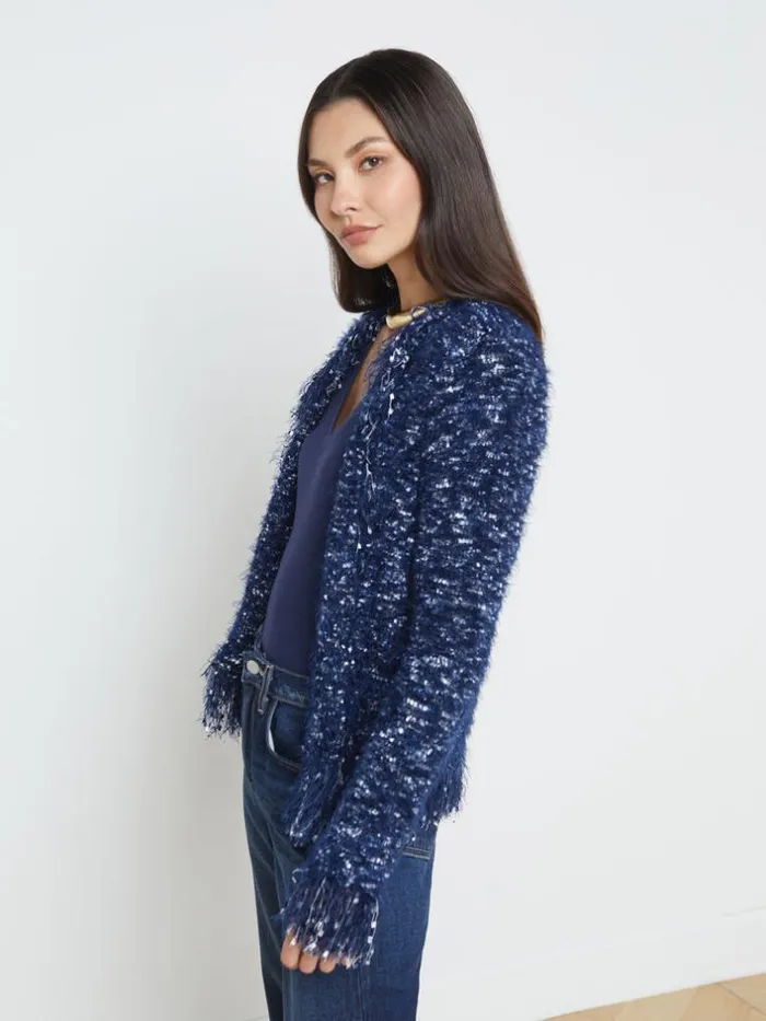 L039Agence Blazers and Jackets Women Azure Fringe Cardigan Blazer Midnight Multi