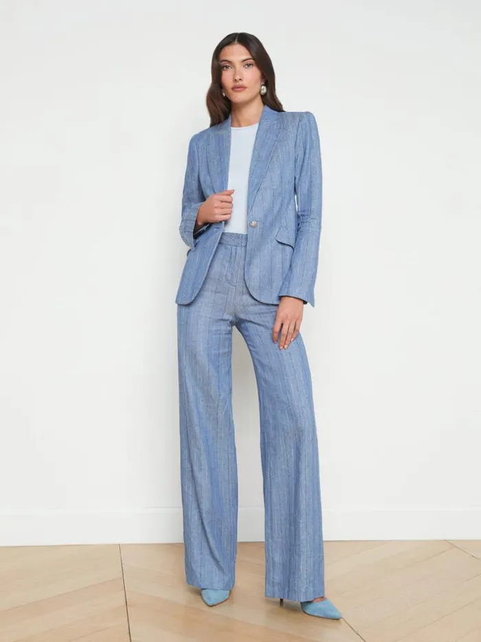 L039Agence Blazers and Jackets Women Chamberlain LinenBlend Blazer Slate Blue Pinstripe