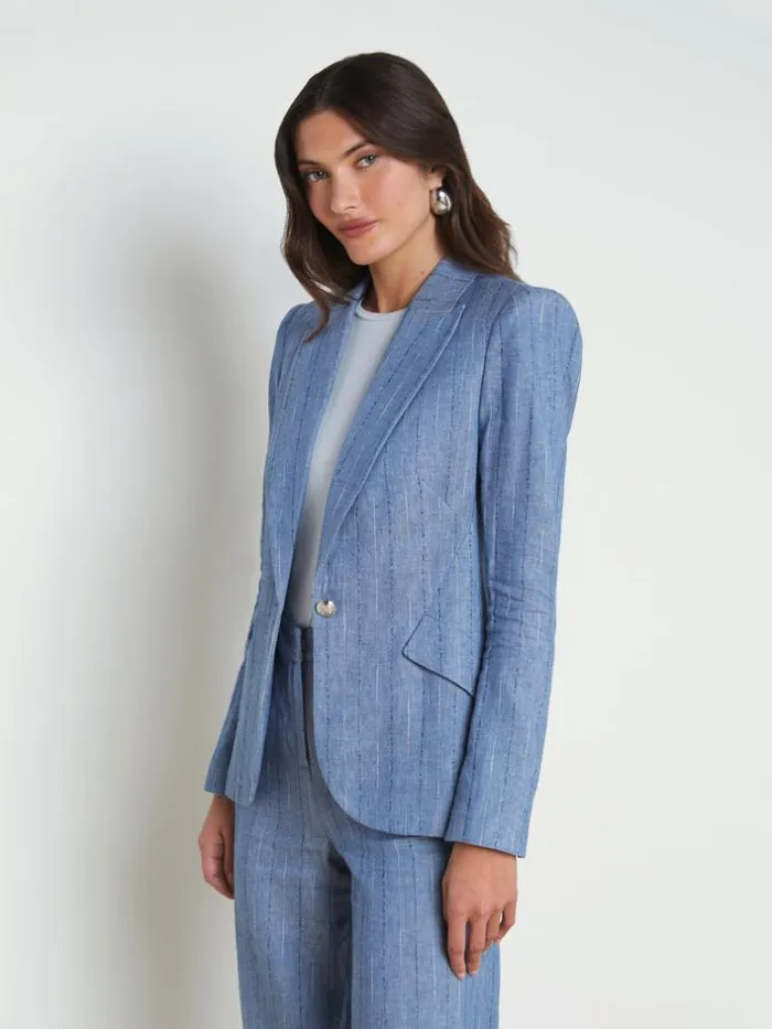 L039Agence Blazers and Jackets Women Chamberlain LinenBlend Blazer Slate Blue Pinstripe