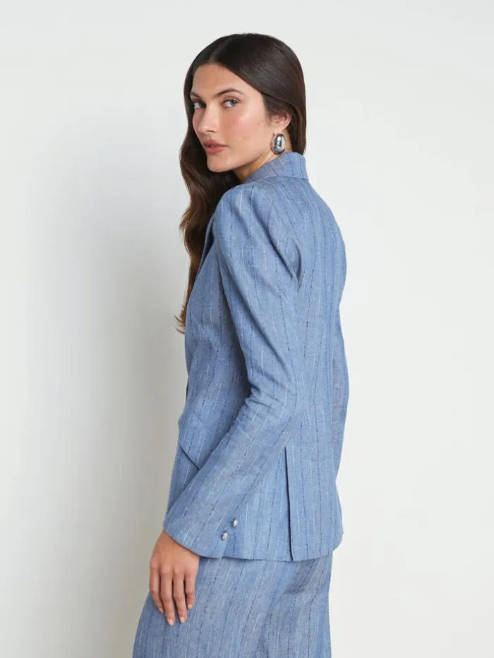 L039Agence Blazers and Jackets Women Chamberlain LinenBlend Blazer Slate Blue Pinstripe