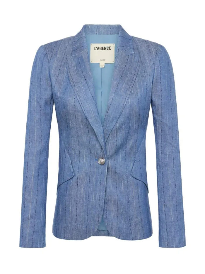 L039Agence Blazers and Jackets Women Chamberlain LinenBlend Blazer Slate Blue Pinstripe