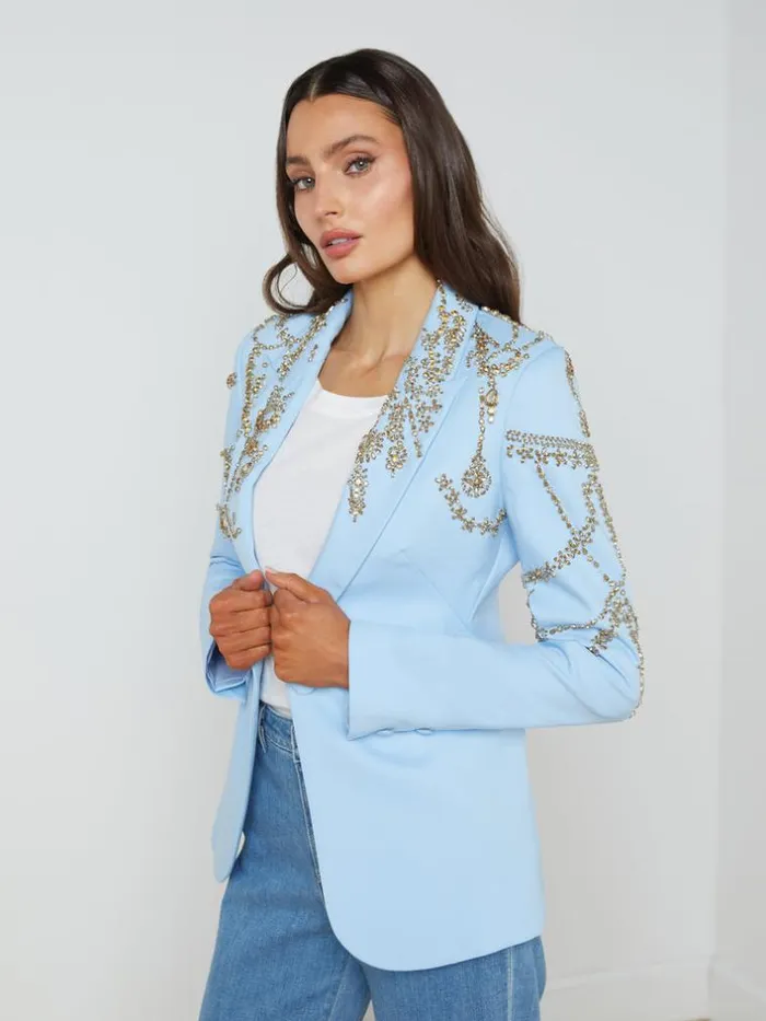 L039Agence Blazers and Jackets Women Clementine CrystalEmbellished Blazer Light Bluegold Crystal L039Agence Blazers and Jackets Women Clementine CrystalEmbellished Blazer Light Bluegold Crystal