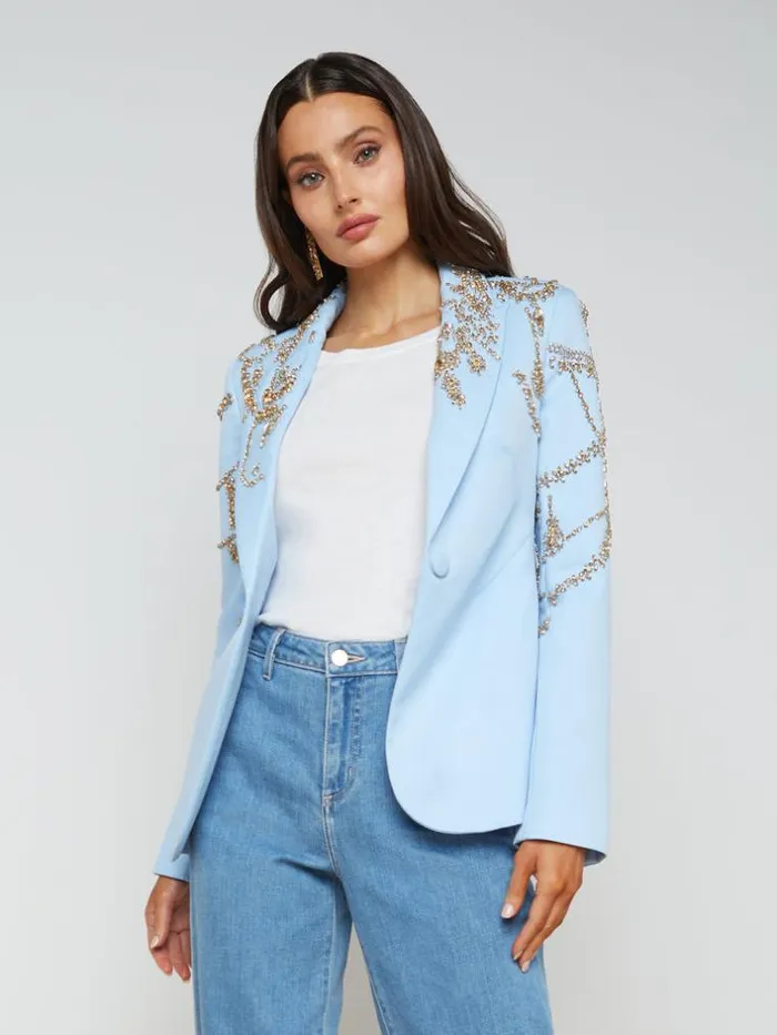 L039Agence Blazers and Jackets Women Clementine CrystalEmbellished Blazer Light Bluegold Crystal
