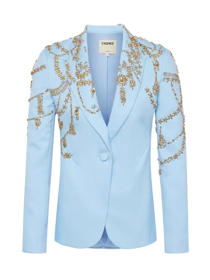 L039Agence Blazers and Jackets Women Clementine CrystalEmbellished Blazer Light Bluegold Crystal