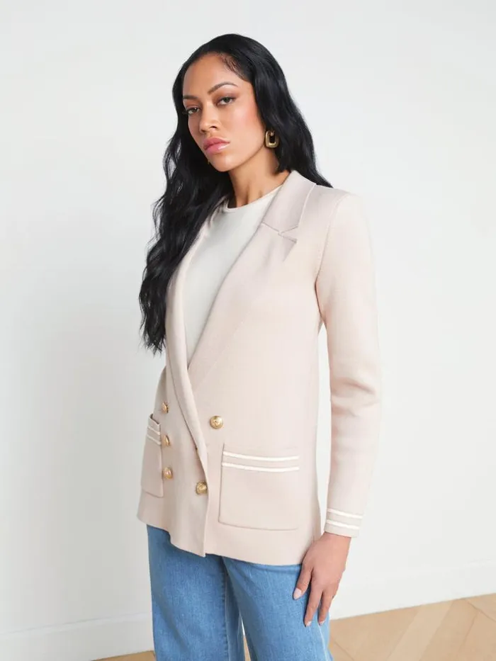 L039Agence Blazers and Jackets Women Eileen Knit Boyfriend Blazer Ash Rose With Ivorygold Stripe