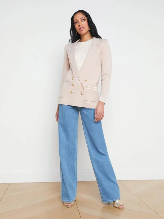 L039Agence Blazers and Jackets Women Eileen Knit Boyfriend Blazer Ash Rose With Ivorygold Stripe