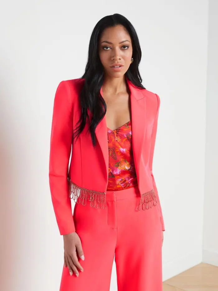 L039Agence Blazers and Jackets Women Jen Crystal Fringe Blazer Neon Coral