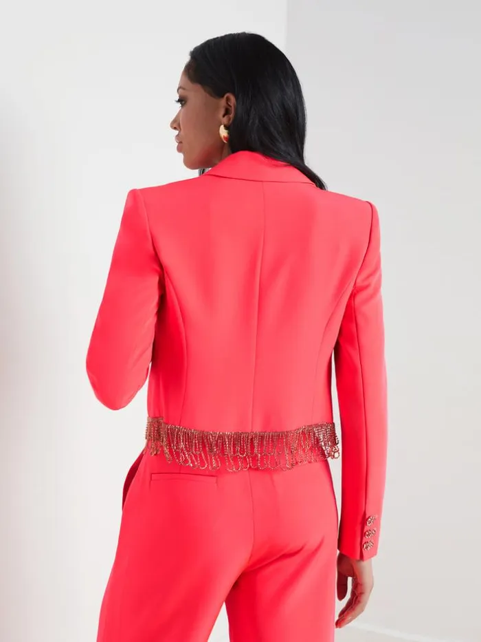 L039Agence Blazers and Jackets Women Jen Crystal Fringe Blazer Neon Coral