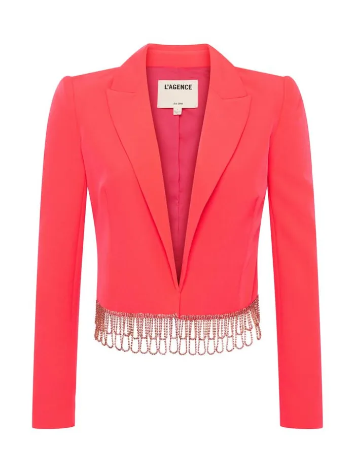 L039Agence Blazers and Jackets Women Jen Crystal Fringe Blazer Neon Coral