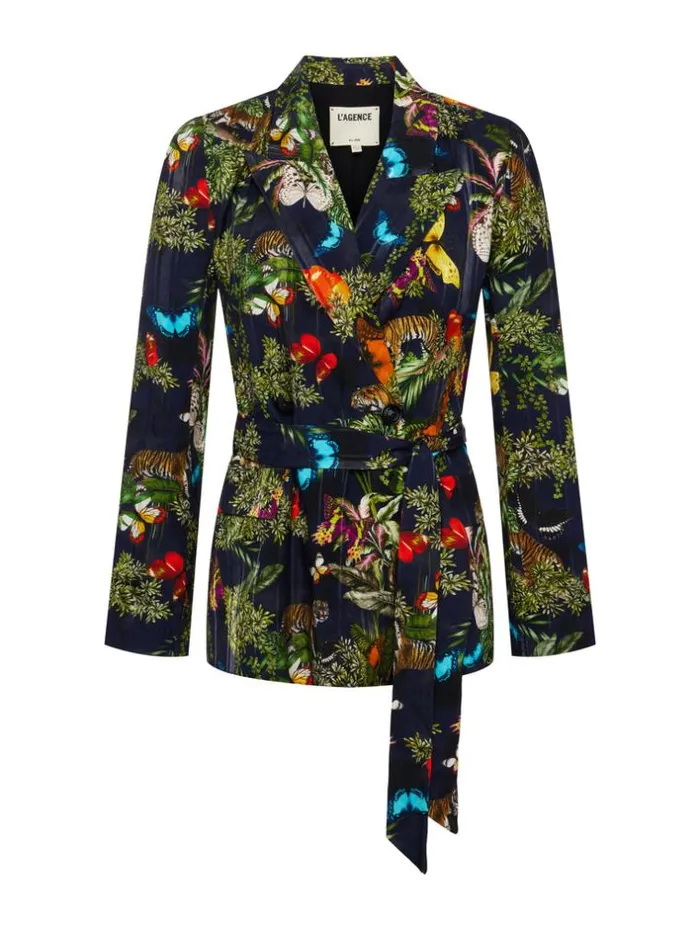 L039Agence Blazers and Jackets Women Jordana Wrap Blazer Black Multi Butterfly Tiger Jungle