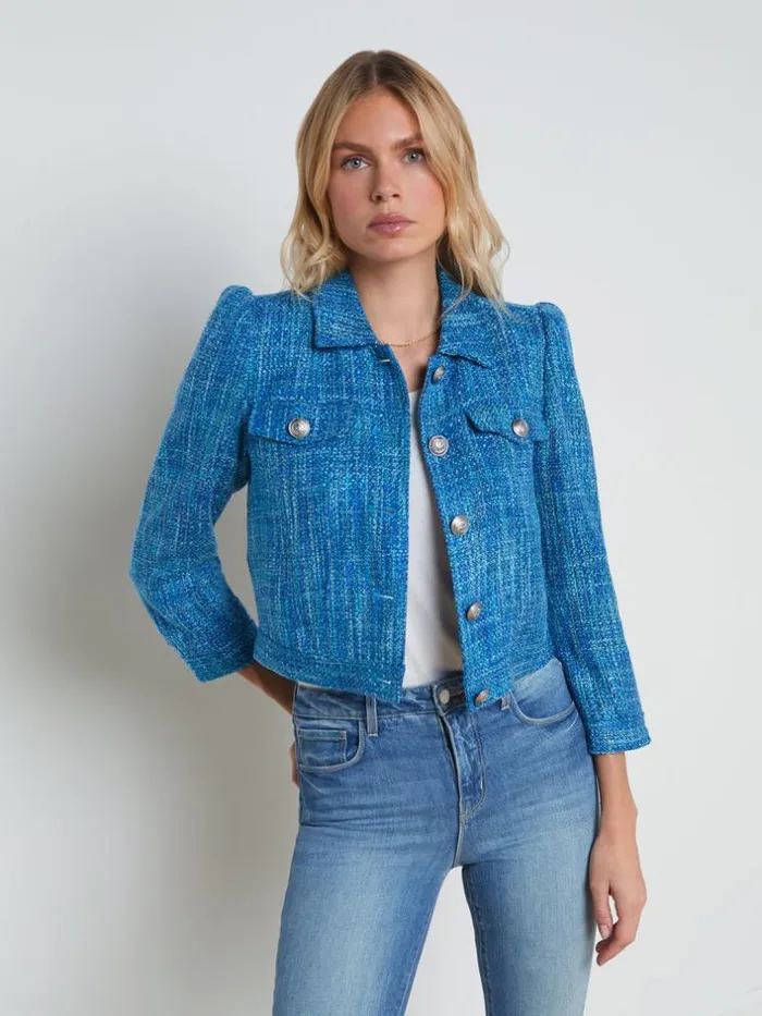 L039Agence Blazers and Jackets Women Kasey Tweed Jacket Caribbean Blue Multi Tweed L039Agence Blazers and Jackets Women Kasey Tweed Jacket Caribbean Blue Multi Tweed