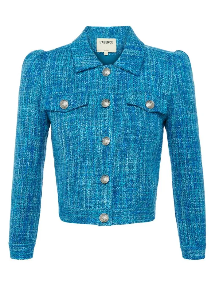 L039Agence Blazers and Jackets Women Kasey Tweed Jacket Caribbean Blue Multi Tweed
