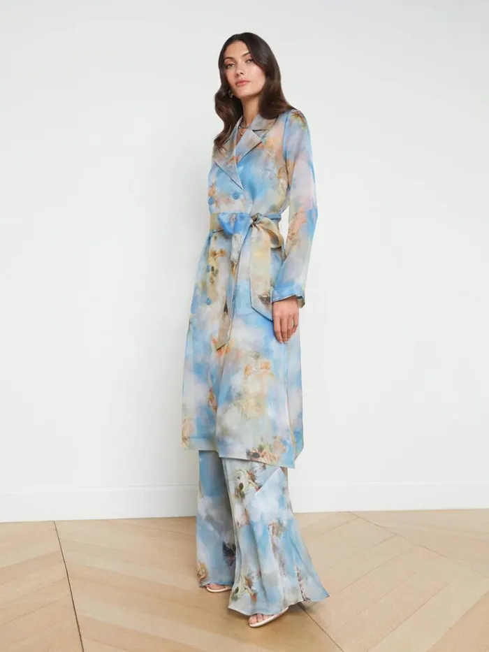 L039Agence Blazers and Jackets Women Moda Silk Organza Trench Coat Light Blue Multi Renaissance